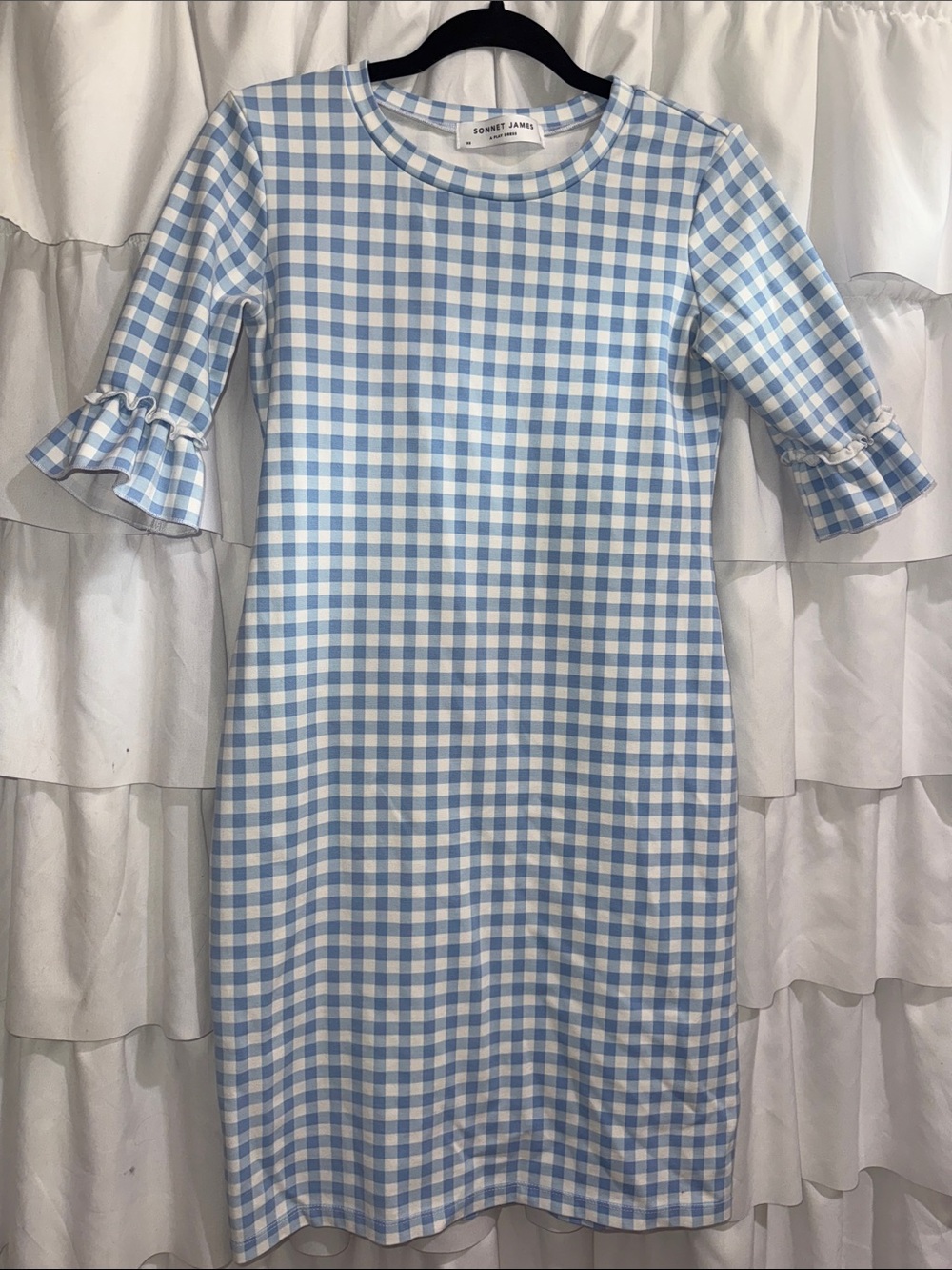 Sonnet James Light Blue Gingham Midi Dress with Ruffle Sleeves